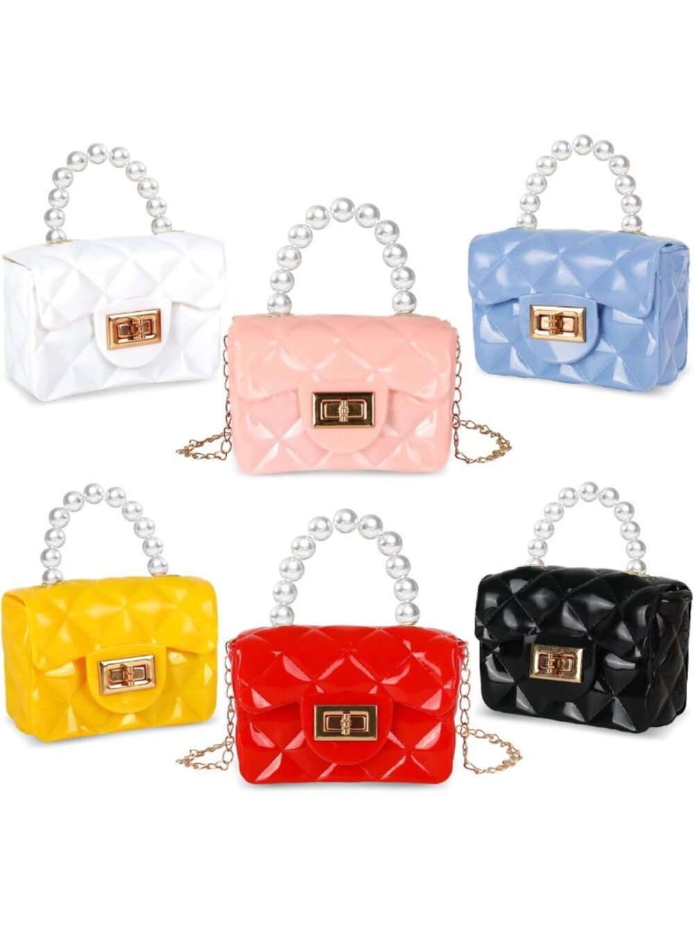 Cute Mini PVC Jelly Crossbody Bag Set - 6 Pcs Toddler Handbags with Pearl Handle